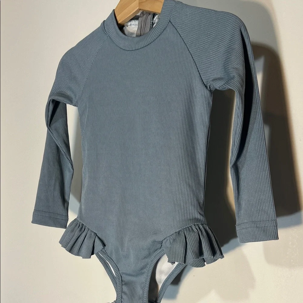 Girls Gray Blue Long Sleeve Swimsuit with Ruffle Detail